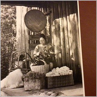 This photo, submitted by Yayoe Kuramitsu, Sachiyes sister, and was probably taken in the 1970s, somewhere around the time of the 1974 World Congress on Coloured Sheep in New Zealand. Here, Sasha is preparing fibers to spin as she sits on the front porch of the home she shared with her husband John Jones. Sasha loved weaving and spinning. She and her husband John sheared and cleaned the fleeces of her sheep.